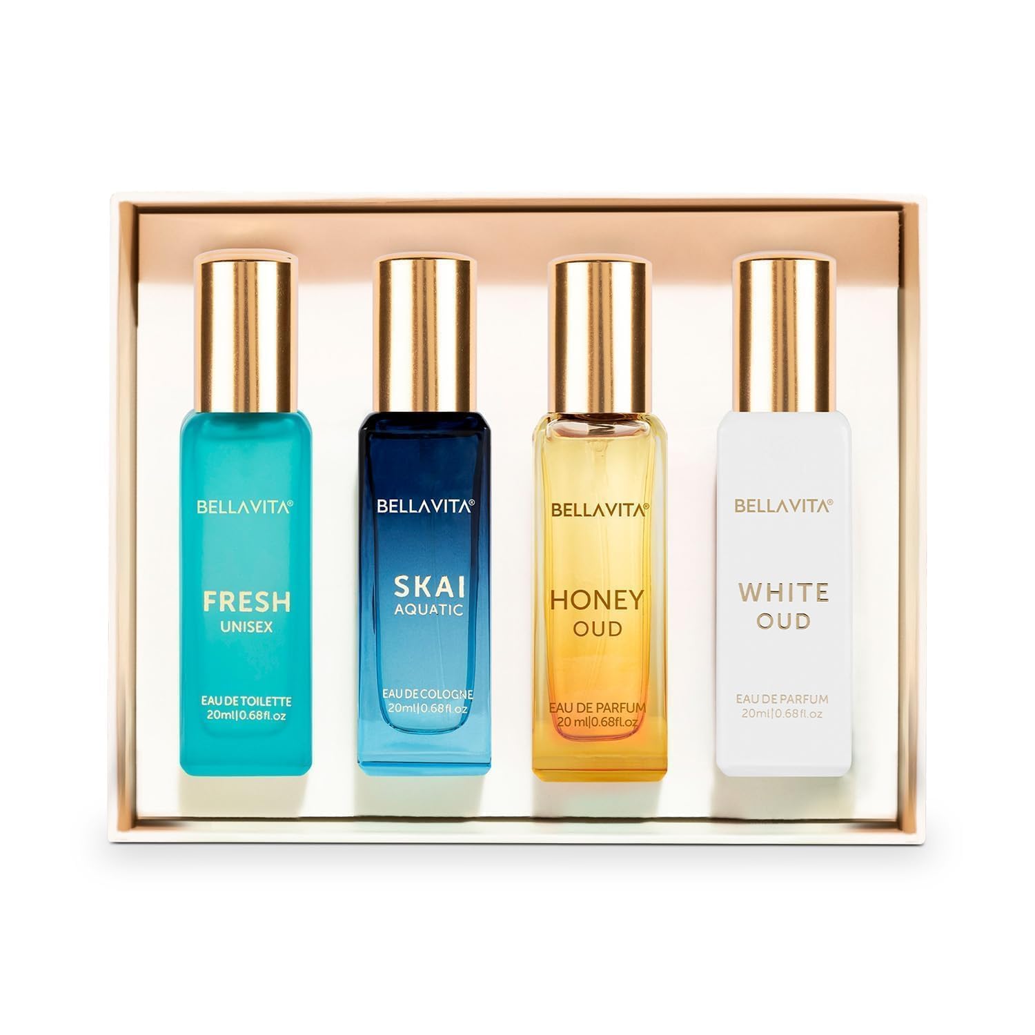 Bella Vita Luxury Unisex | Long Lasting Eau De Parfum Gift Set 4 x 20ml Perfume for Unisex | with SKAI, FRESH, WHITEOUD, HONEY OUD | Premium Fragrance Scent