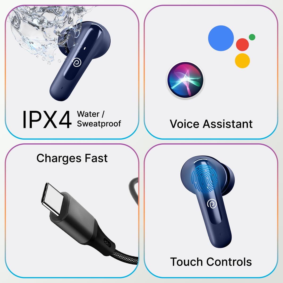 pTron Bassbuds Astra in-Ear TWS Earbuds w/Stereo Sound, 50Hrs Playtime, Stereo Calls, Custom EQ, Mobile App, BTv5.3 Headphones, Touch Control, Voice Assistant, Type C Charging & IPX4 (Navy Blue)