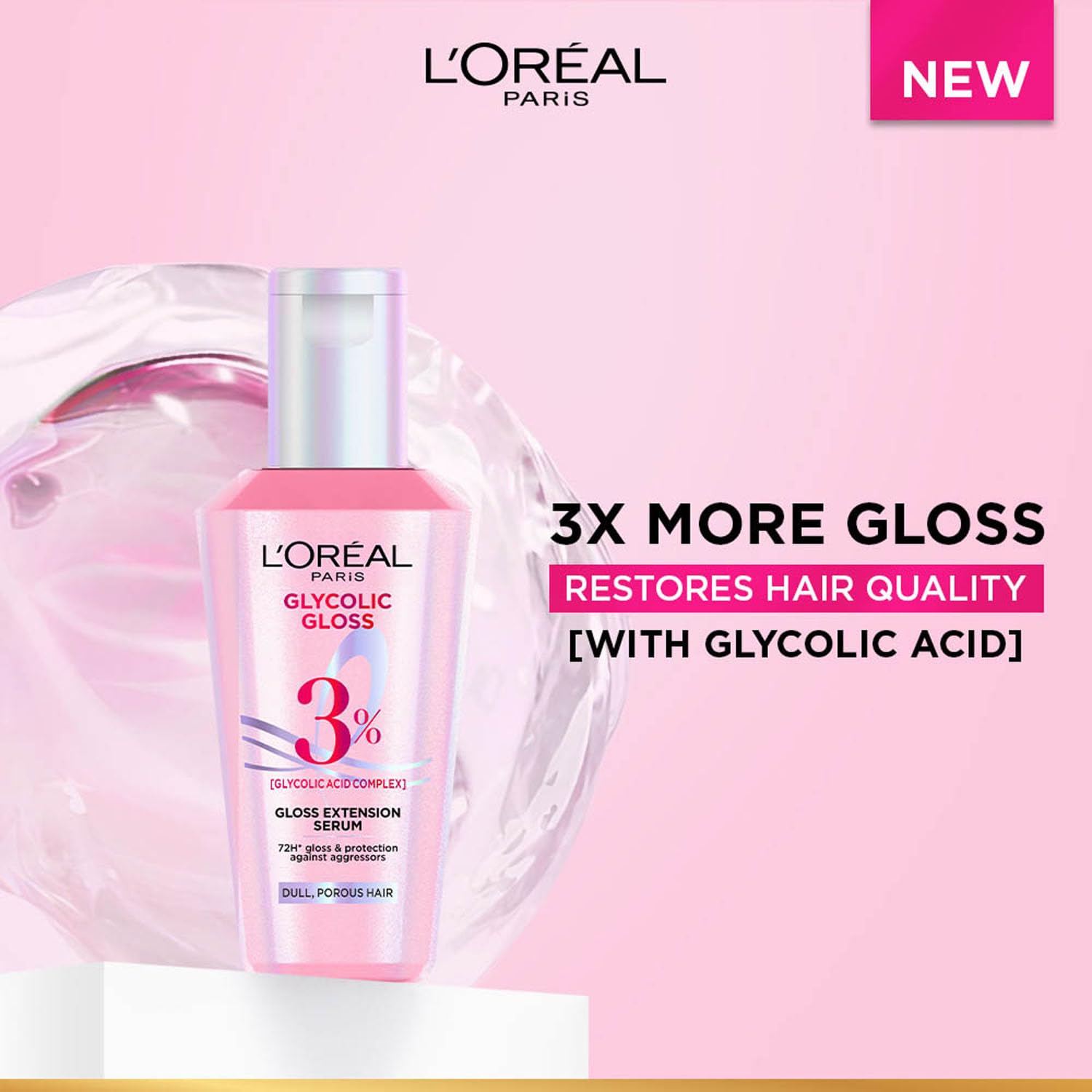 L'Oréal Paris Glycolic Gloss Serum, powered by Glycolic Acid, for dull hair, gives 72H Shine & improves hair quality, 80ml