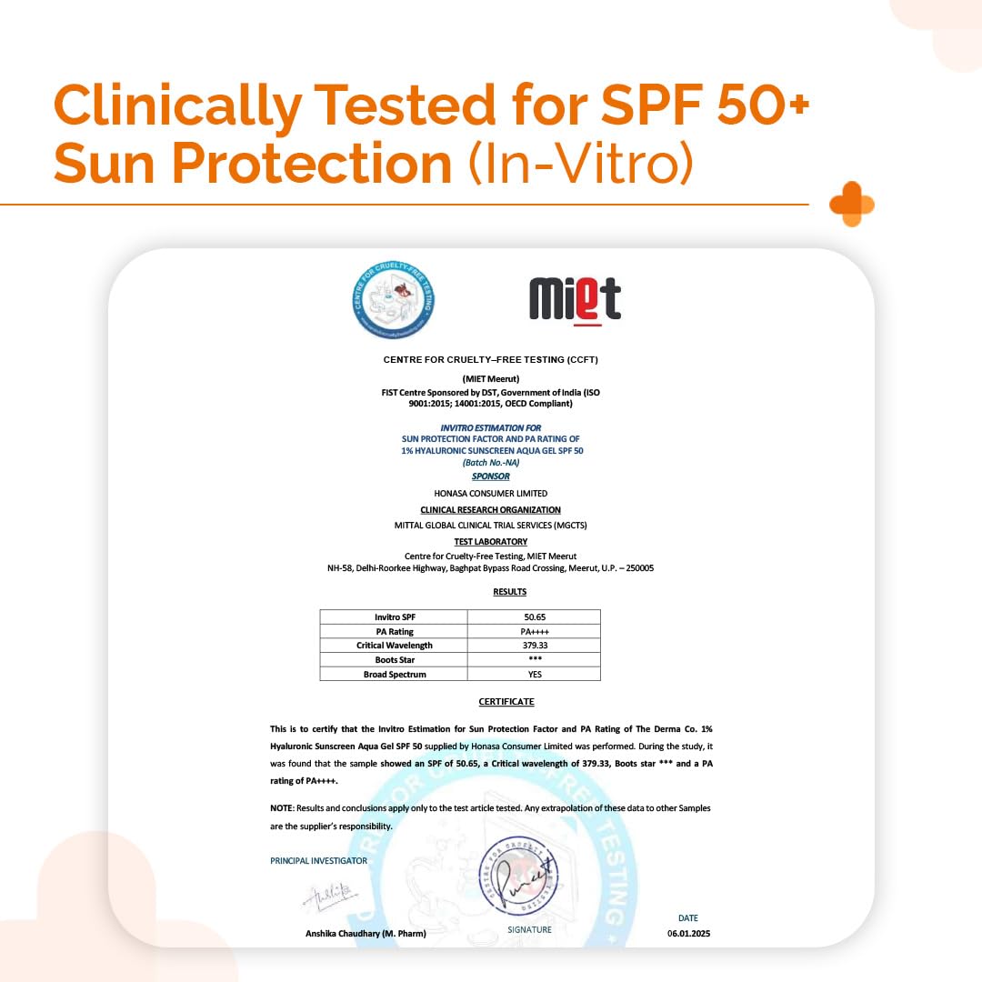The Derma Co 1% Hyaluronic Sunscreen Aqua Gel SPF 50 PA++++ | Hyaluronic Acid for Deep, Long Lasting Hydration | Ultra Lightweight Texture I Non-Greasy, No White Cast | Broad Spectrum Protection & Blue Light Protection | 50g