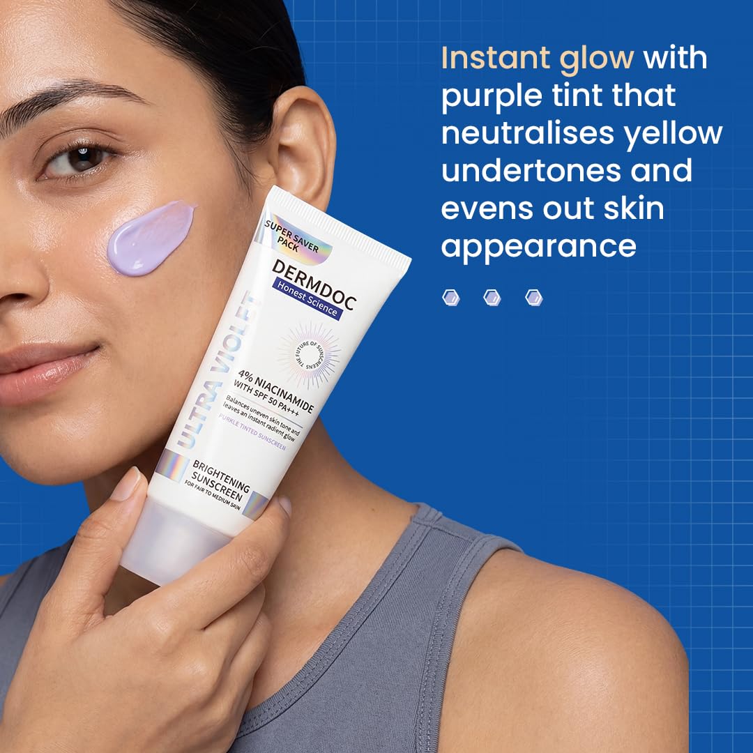 DERMDOC SPF 50 Ultra Violet Brightening Tinted Sunscreen with 4% Niacinamide, 100g | PA +++ | With Purple Tint | Evens Skin Tone | Lightweight | UVA & UVB Protection | Zero White Caste