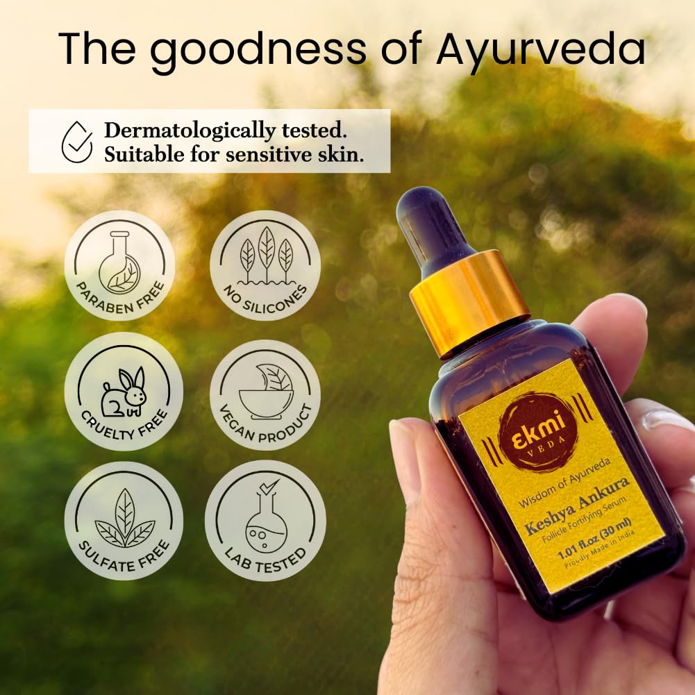 Ekmiveda Hair Growth DHT Blocker Serum with Redensyl, Procapil, Ayurvedic herbs, Amla, Brahmi, Capilia longa. Follicle stimulating serum. Hair loss treatment for women & men, thicker hair 1.01 fl oz