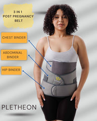 PLETHEON Neoprene 3-in-1 Postpartum Abdominal Belt For Women Belly, Waist & Pelvis Support | Post Pregnancy Recovery Belt | Maternity Tummy Wrap For Slimming & Back Pain Relief (Gray)
