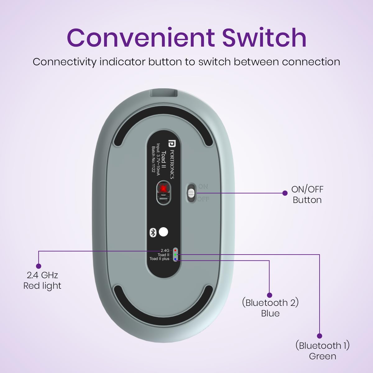 Portronics Toad II Bluetooth Mouse, with Bluetooth 5.0 & 2.4 Ghz Dual Wireless Connectivity, Rechargeable Battery, Adjustable DPI up to 1600 Compatible with Laptop, MacBook, PC (Purple)