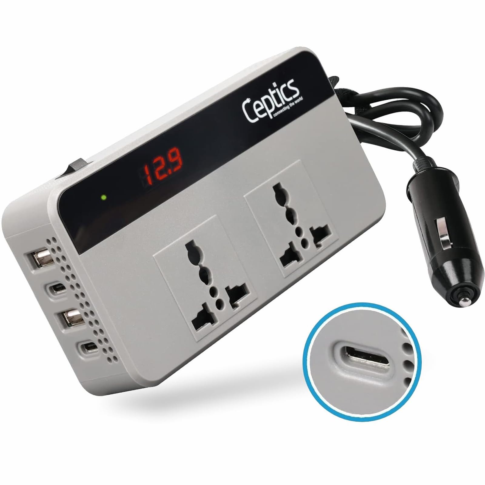 Ceptics 200W Car Laptop Charger/Power Inverter with 2 USB(3.1A Max) + 1 C Type(1 * 18W PD) Smart USB Charging Ports, 12V DC to 220V AC, 2X Universal AC Outlet, Grey