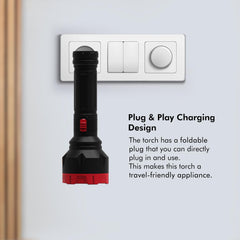 wipro Luster 3W Led Bright Rechargeable Torch with LED Light | Dimmable Emergency Torch Light with 1200 mAH Li-Ion Battery | Compact Torch with 2 Step of Brightness | Red | Pack of 1