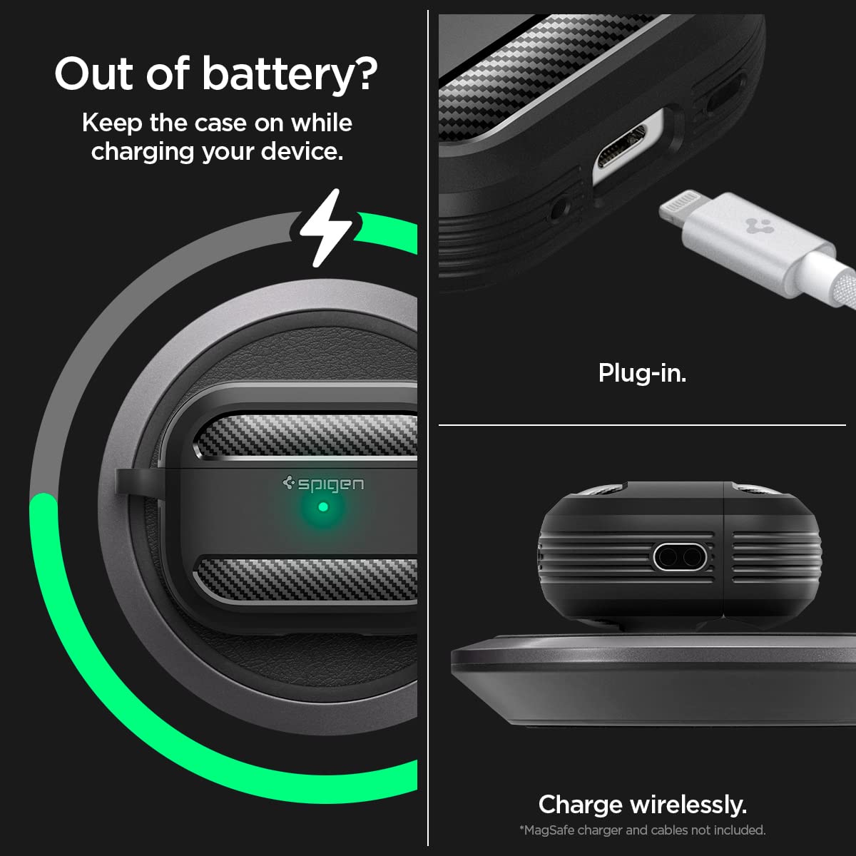 Spigen for AirPods Pro 2(2022/2023) Case, Carabiner Included, Durable, Shock-Proof Cover, (Rugged Armor) - Matte Black