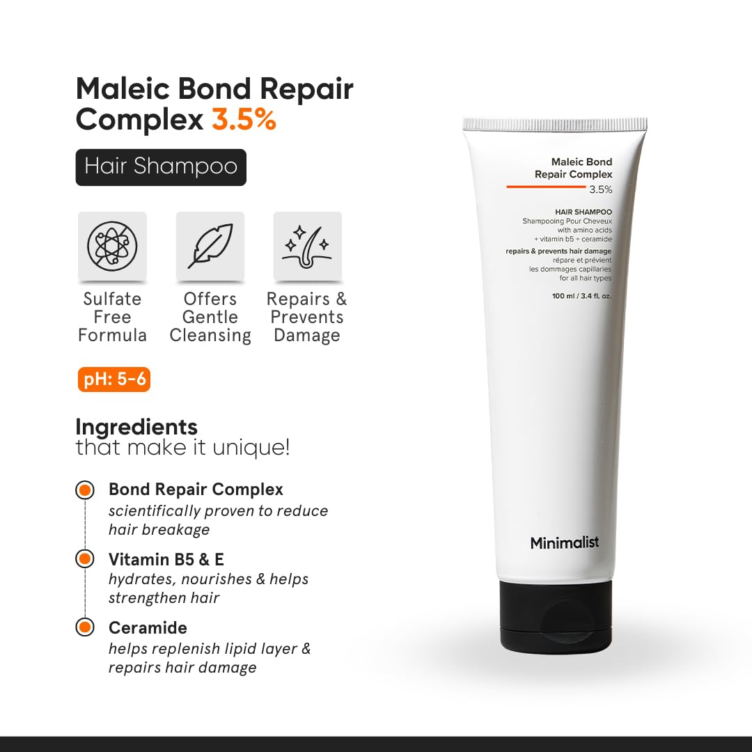 Minimalist Maleic Bond Repair Complex 3.5% Hair Shampoo with Ceramide, Coconut oil & Betaine | For Damaged & Frizzy Hair | For Women & Men | For All Hair Types | 100 ml (Pack of 1)