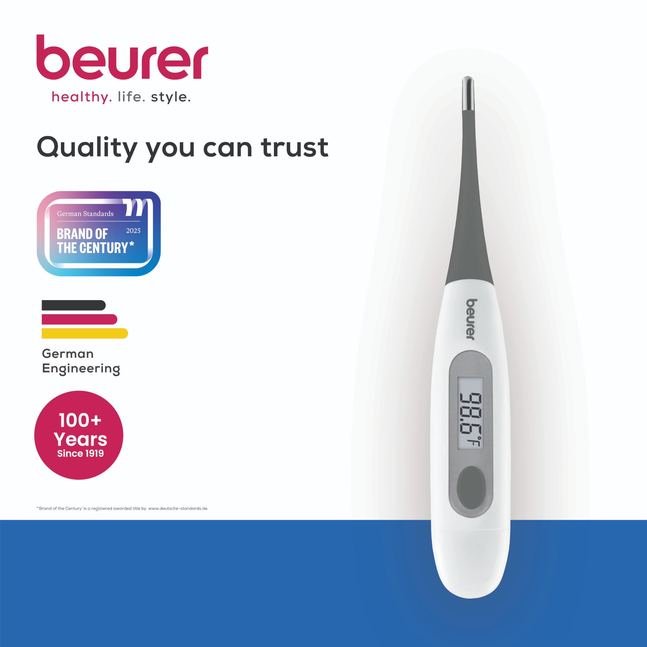 Beurer German Engineering FT 12 Digital Flexi Thermometer for Fever Measurement | Fast & Accurate measurement in °C & °F | 100% Waterproof Design | For Oral, Underarm & Rectal Use