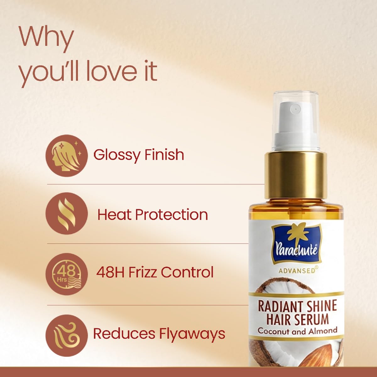 Parachute Advansed Radiant Shine Hair Serum | Coconut & Almond | 48 Hr Frizz Control | 4X Shiny Hair | 100ml