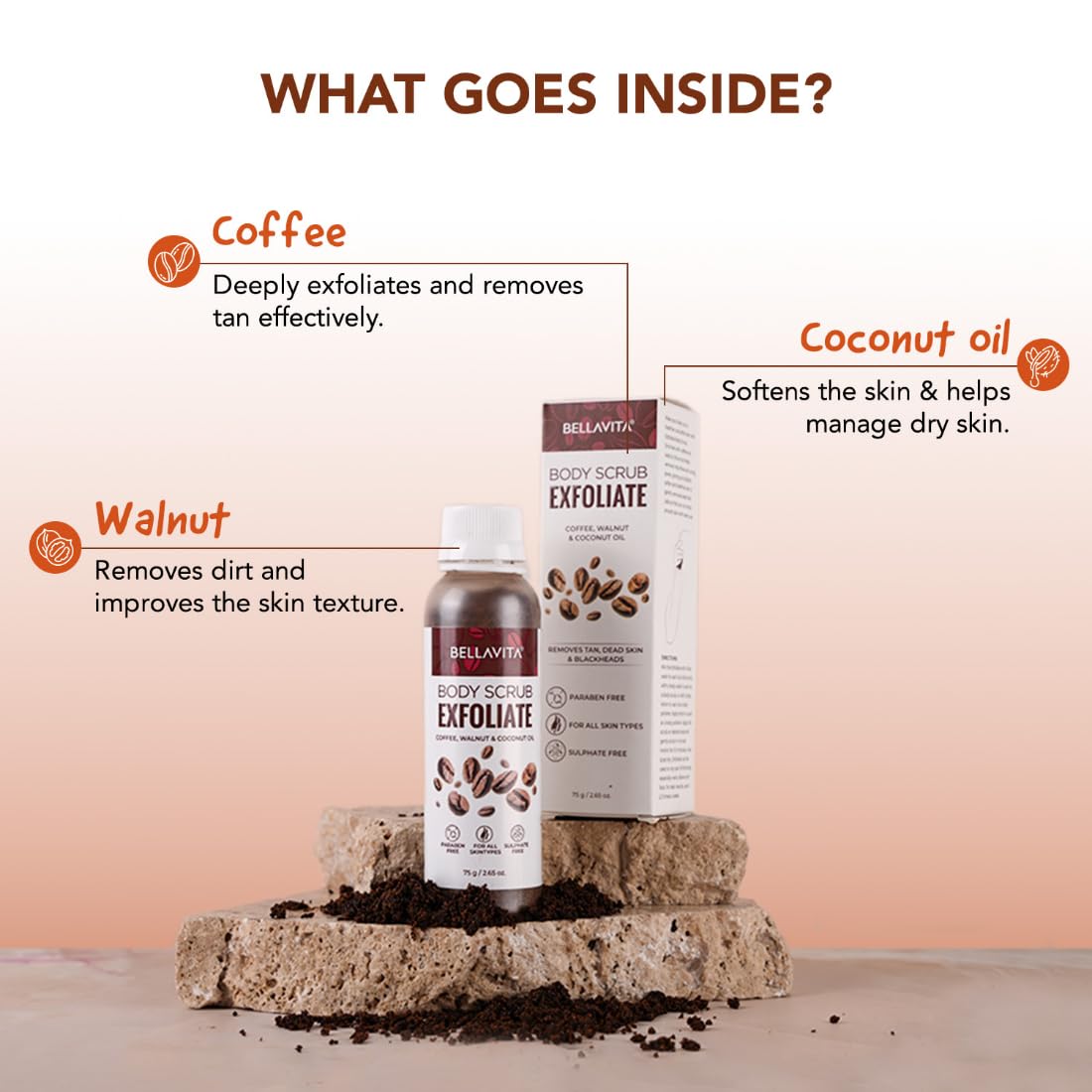 BELLAVITA Exfoliate Coffee Scrub for Face & Body, Blackhead Remover, De Tan Removal Ayurveda, Dirt Removal from Neck, Knees, Elbows, Arms 75 g (Pack of 1)