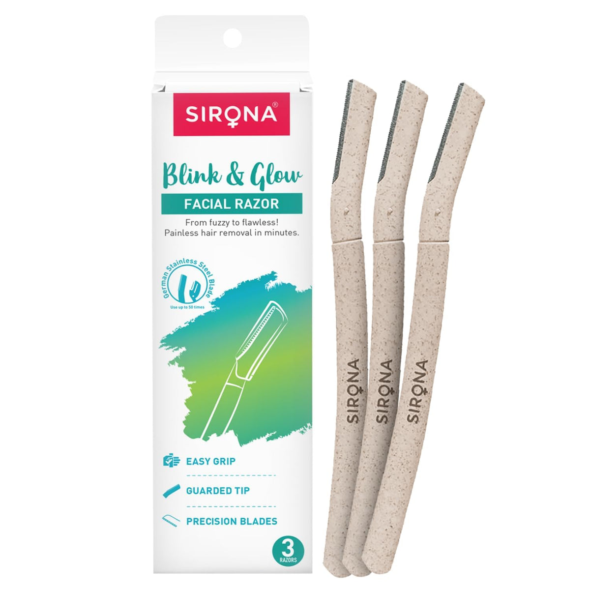 Sirona Blink & Glow Face Razor for Women | Dermaplaning Tool for Face | Facial Hair & Peach Fuzz Remover | Anti-slip Grip | German Stainless Steel Blades | Pack of 3