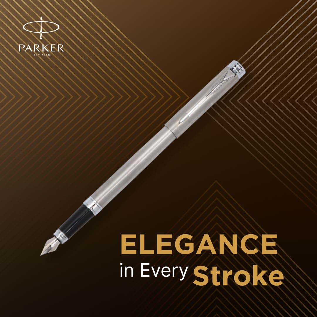 Parker Folio Stainless Steel Chrome Trim Fountain Pen With 1 Ink Cartridge Free | Corporate Gift | Ideal For Professional Use