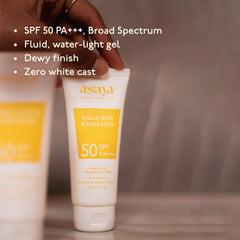 Asaya Aqua Dew Sunscreen SPF 50 PA+++ | UVA/B Light Protection | Blue Light Protect | Dewy | With Rice Extract | No White Cast | Prevents Tanning