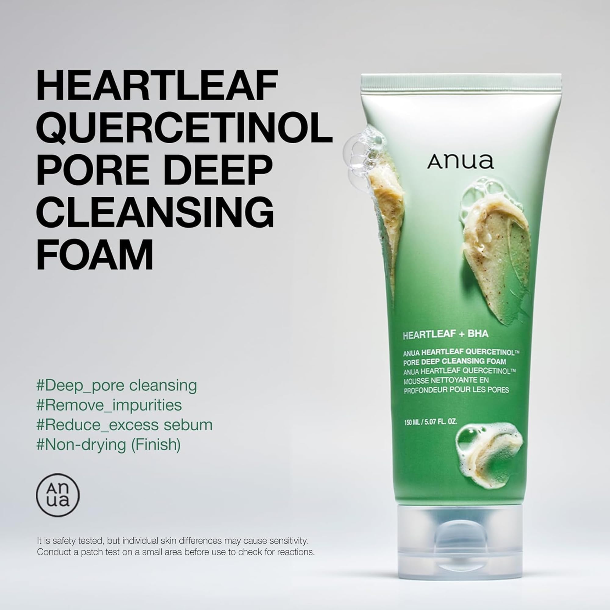 Anua Heartleaf Quercetinol Pore Deep Cleansing Foam, Facial Cleanser, for Double Cleansing, BHA, Hyaluronic Acid, Glycerin, Face Wash, Blackhead Remover, Korean Skincare, 150ml