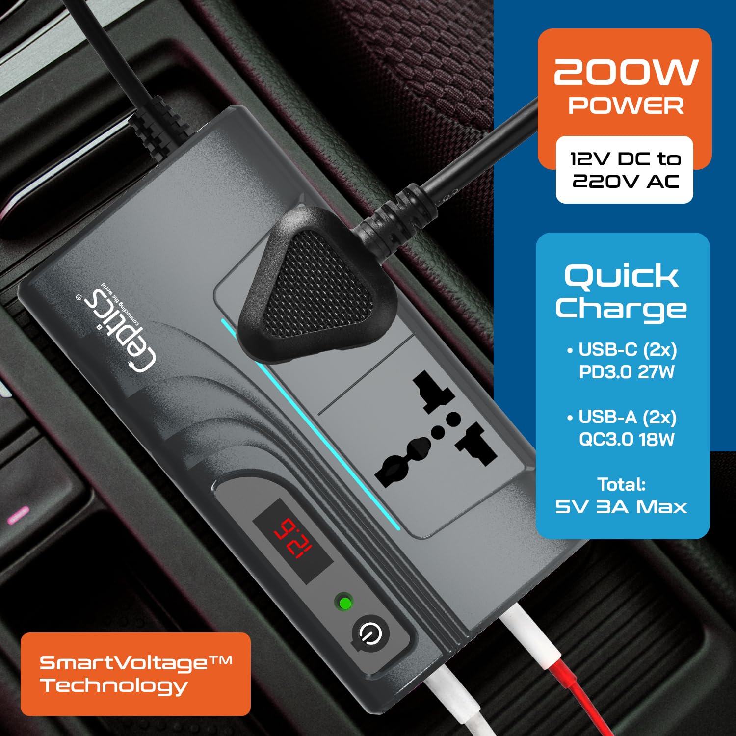 Ceptics 200W Power Inverter, Car Laptop Charger with 2 USB-A (3.1A Max) + 2 USB-C (PD 27W) Ports, 12V DC to 220V AC, 2X Universal AC Outlet