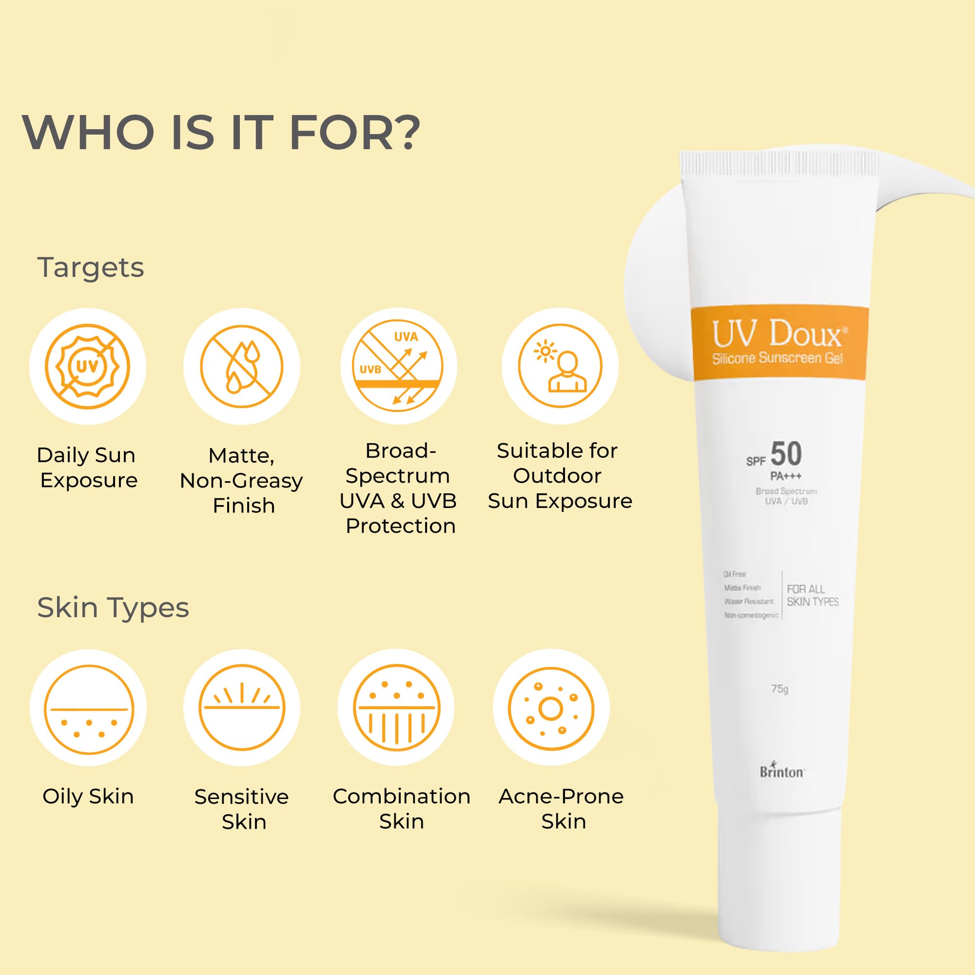 UV Doux Silicone Sunscreen Gel SPF 50 PA+++|India’s No.1 Dermatologist Recommended Brand|Invitro,In-Vivo Tested|UVA/UVB Protection, Benzene Free|No White Cast |Oily & Acne-Prone Skin |75 g