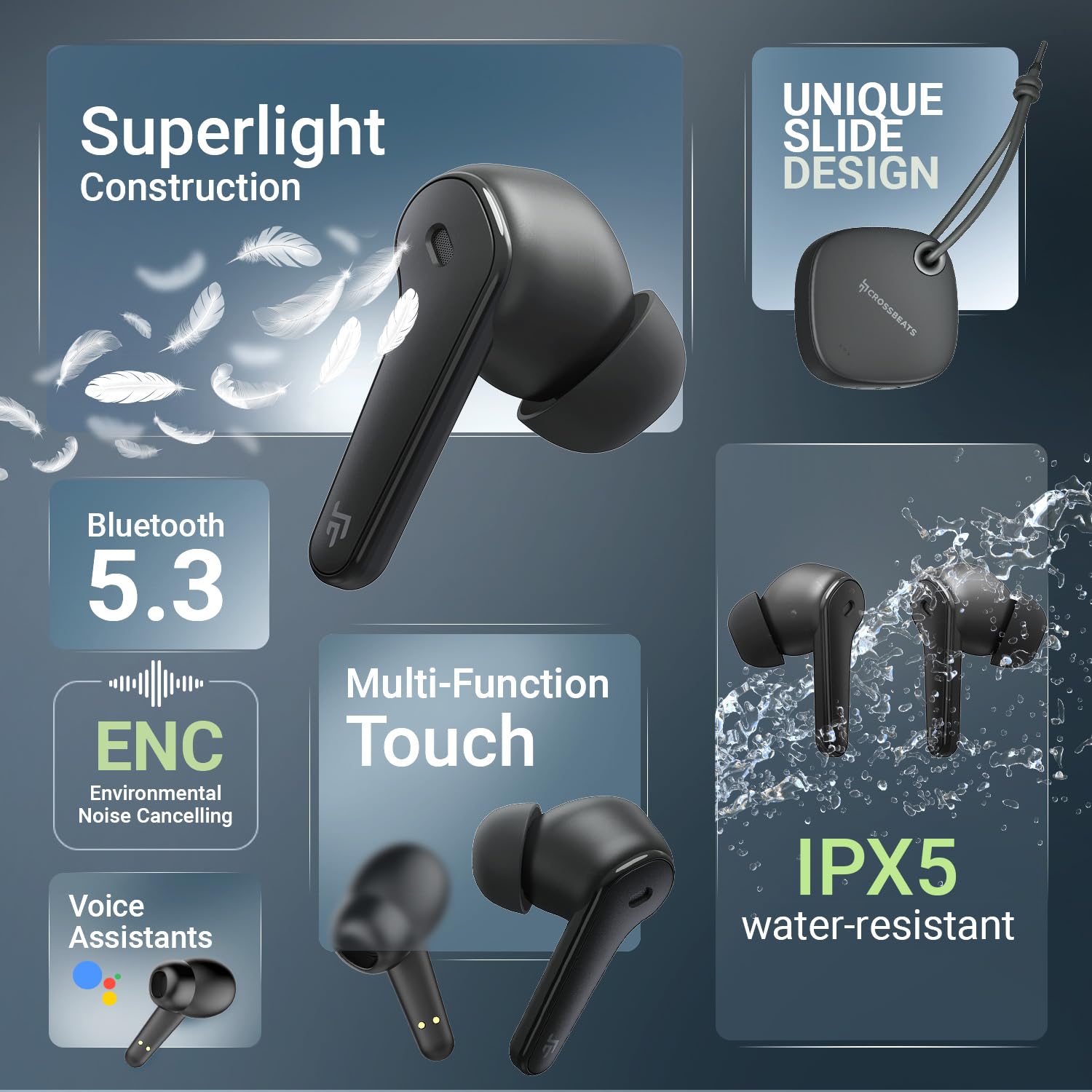 CrossBeats Slide Wireless Bluetooth Earphones for Mobile TWS Earbuds Upto 100 Hours Playtime, EchoBlast™ 13mm Bass Driver, Clearcomm™ Quad Mic ENC, 40ms Low Latency, IPX5 Rated, SnapCharge™ in 10mins