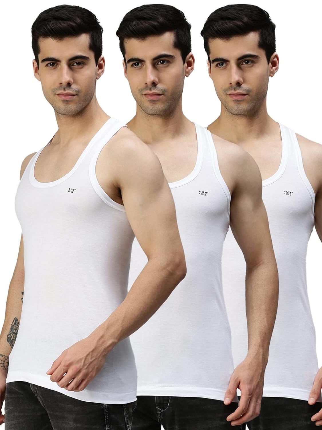 Lux Cozi Men's White Round Neck Sleeveless Cotton Vest (Pack of 3)
