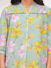Rimika's Pure Cotton Sage Green Floral top Regular Fit with 3/4th Sleeves, Mandarin Collar, Front Button, Perfect for Casual, Formal, and Ethnic Wear