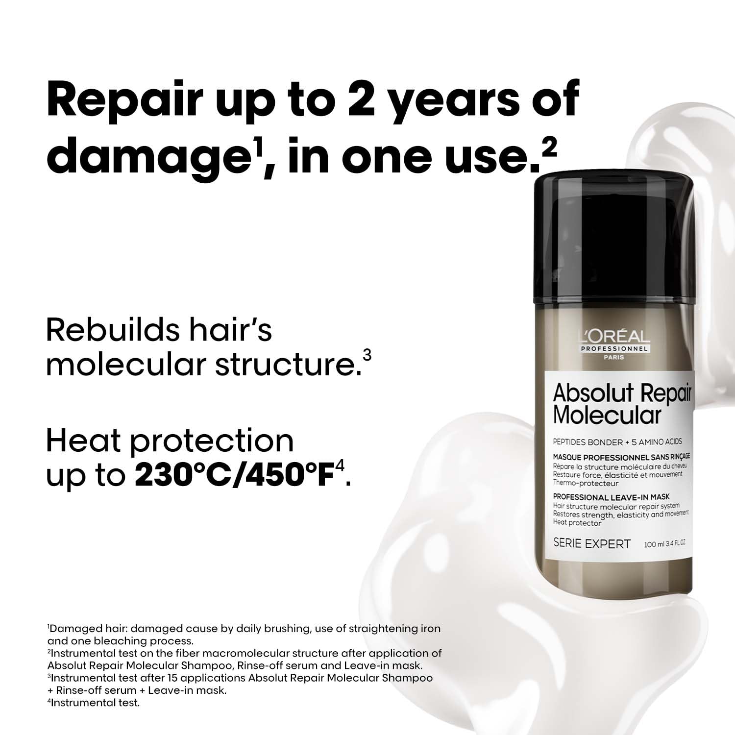L'Oréal Professionnel Absolut Repair Molecular Deep Repairing Leave-in Mask for Damaged Hair | Repair up to 2 years of damage, in one use | 2% peptides bonder + 5 amino acids, 100 ml