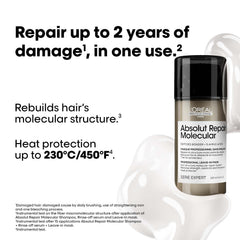 L'Oréal Professionnel Absolut Repair Molecular Deep Repairing Leave-in Mask for Damaged Hair | Repair up to 2 years of damage, in one use | 2% peptides bonder + 5 amino acids, 100 ml