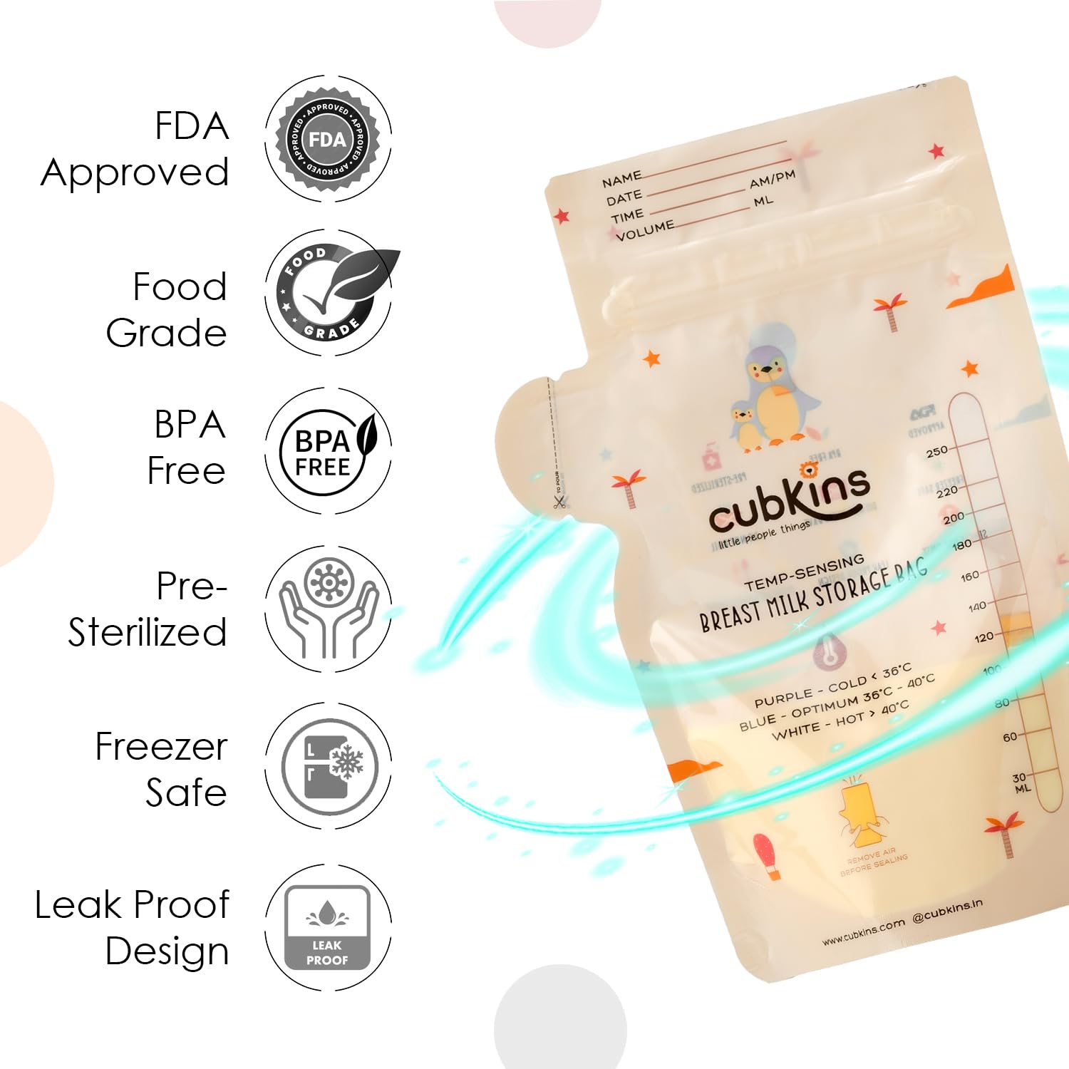 CUBKINS Breast Milk Storage Bags (Pack of 25) | Pre-Sterilized | Smart Temp Sensor | BPA Free | Single Use | Leak Proof Double Zip | Separate Fill & Pour Spouts | 250 ml Capacity | Marker Included