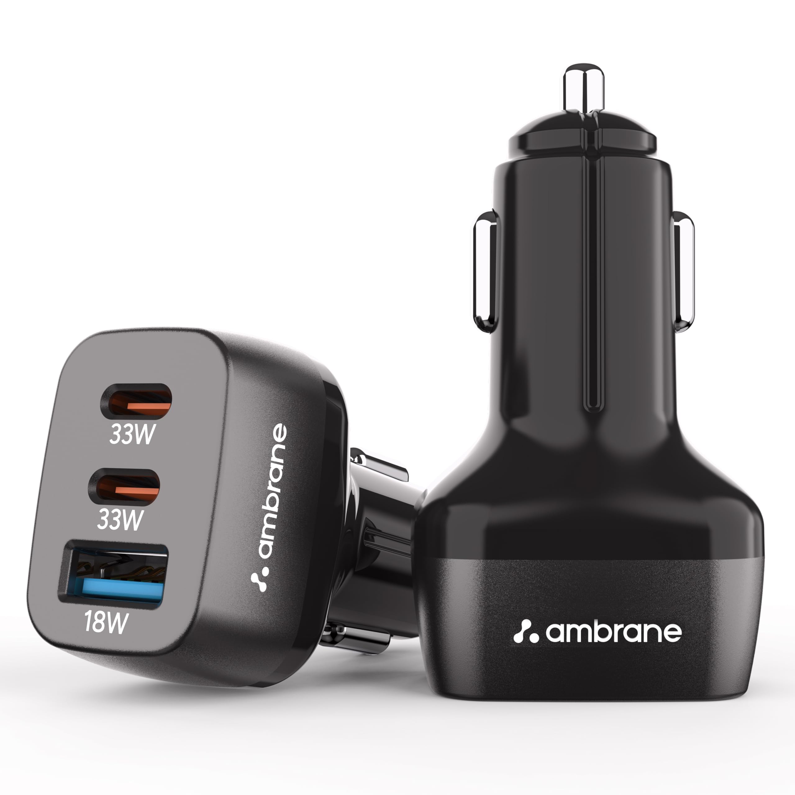 Ambrane 84W Triple Output Fast Car Charger with 2 Type-C & 1 USB, 33W Type C Charging with PD, Fast Charging Adapter Compatible with Cars for iPhone & Android Smartphones (Charge C84,Black)