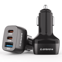 Ambrane 84W Triple Output Fast Car Charger with 2 Type-C & 1 USB, 33W Type C Charging with PD, Fast Charging Adapter Compatible with Cars for iPhone & Android Smartphones (Charge C84,Black)