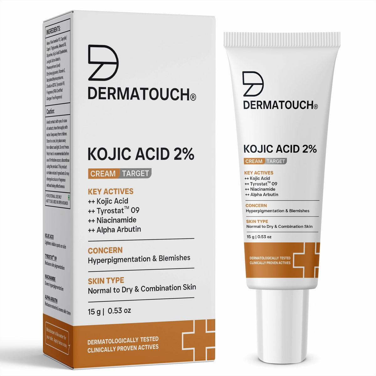 DERMATOUCH Kojic Acid 2% Cream | Non-greasy | For Pigmentation, Blemishes and Dark Spots reduction - 15G