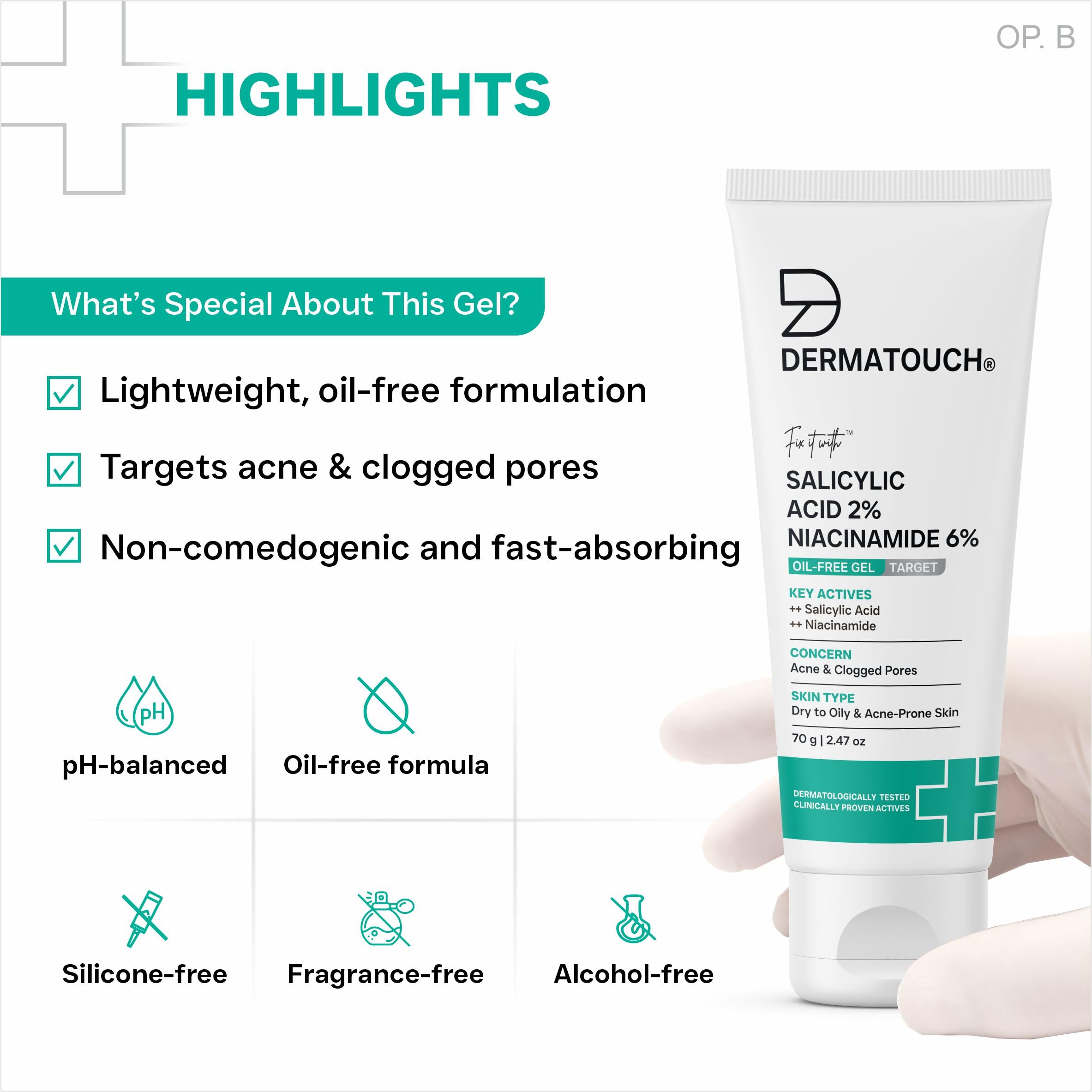 DERMATOUCH Salicylic Acid 2% Niacinamide 6% Anti-Acne Oil-Free Gel For Active Acne, Oil Balancing, Pore Tightening | 70g