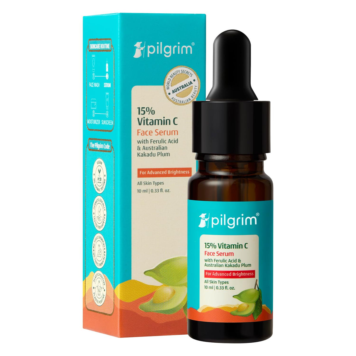 Pilgrim 15% Vitamin C Serum 10ml For Glowing Skin | Advanced Formulation With Ferulic Acid & Vitamin E |Reduces Dark Spots, Pigmentation |For All, Oily, Combination, Normal Skin |Men, Women
