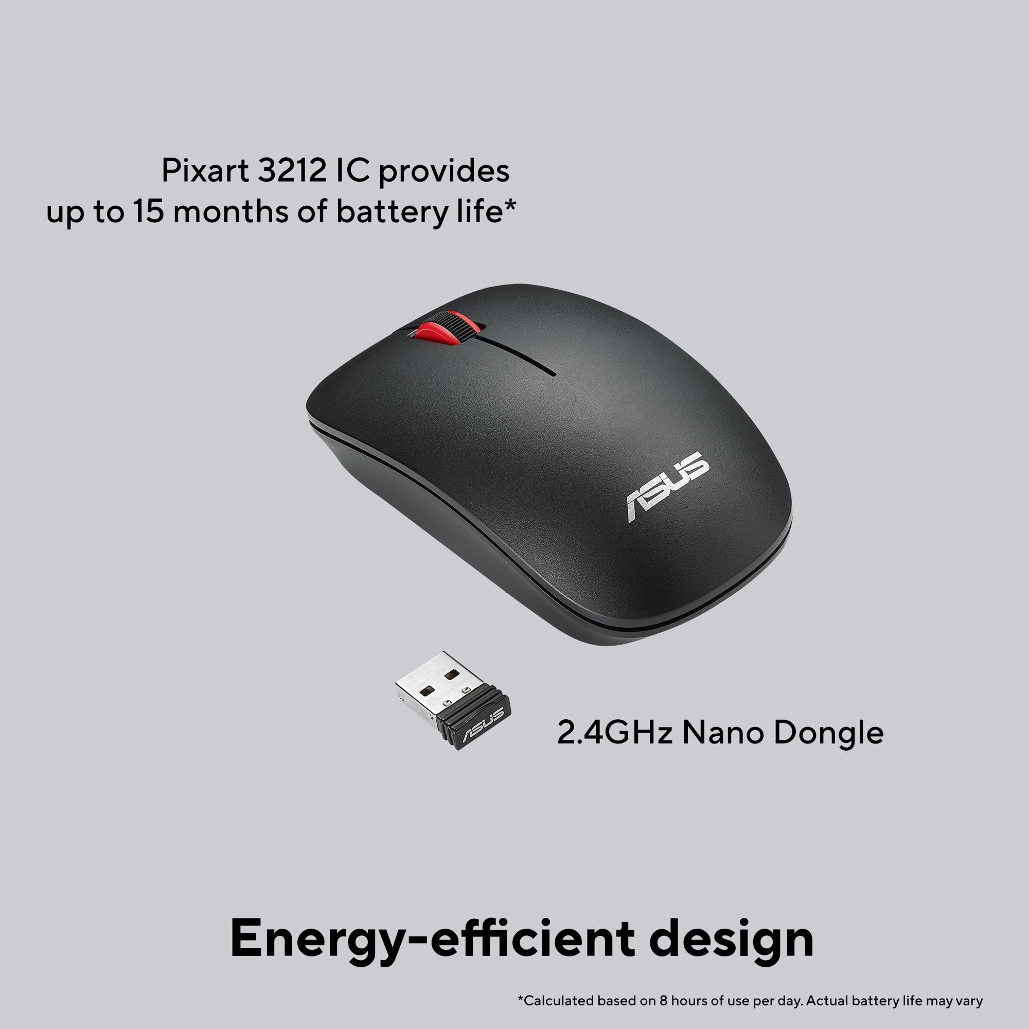 ASUS WT300 Wireless Ergonomic USB Mouse, Ambidextrous Design, Up to 1600 Dpi, Compact & Lighweight Mouse,2.4GHz Nano Dongle, Up to 15 Months of Battery Life - Black