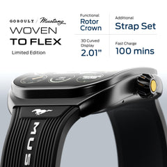 GOBOULT Mustang Muscle Smart Watch 2.01'' 3D Curved Display, Convertible Strap, Premium Metallic Crown, BT Calling, 600 Nits Brightness, AI Voice Assistant, IP68 (Extra Strap, Black Eclipse)