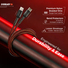 Eveready Nylon Braided Charging Cable, Type-C to Type-C 3A, 1.5m Universally Compatible Premium Braided Cable with Data Transfer, USB 2.0 Compatibility, Tangle-Free Flexible Design with Bend Protector