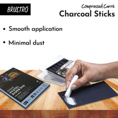 Brustro Artist Compressed Carre Charcoal Sticks - Set of 6 (5 Black & 1 White Stick) | Ideal for Portrait Charcoal Art, Sketching, Shading, Blending, Drawing, Craft, Professional use.