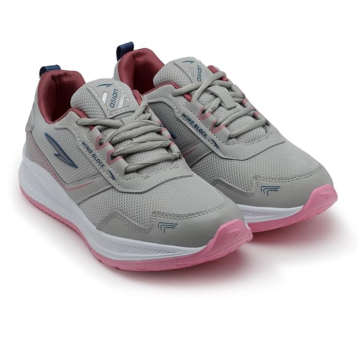 ASIAN Women's Cute Sports Running Shoes,Walking, Gym Casual Sneaker Lace-Up Shoes for Girls, Light Grey Pink