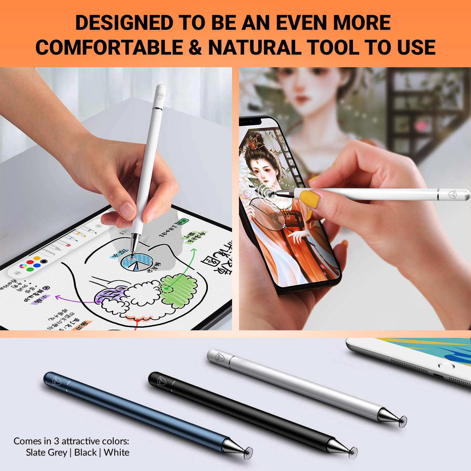Tukzer Universal Stylus Pen for Smartphone/Tablet/iPad/Pro/Air/iPhone/iOS/Android/All Touch Screens Devices| Fine Point Disc Tip, Lightweight Aluminum Body Magnetic Cap Drawing Writing (White)