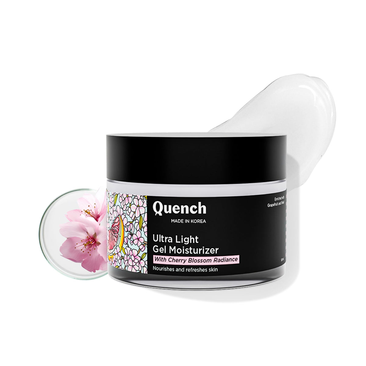 QUENCH BOTANICS Mon Ultra Light Moisturizing Gel with 2% Niacinamide, Nourishes & Adds a Radiant Glow with Cherry Blossom, Grapefruit, Pearl & Moringa Seed Oil, White, 50 ml