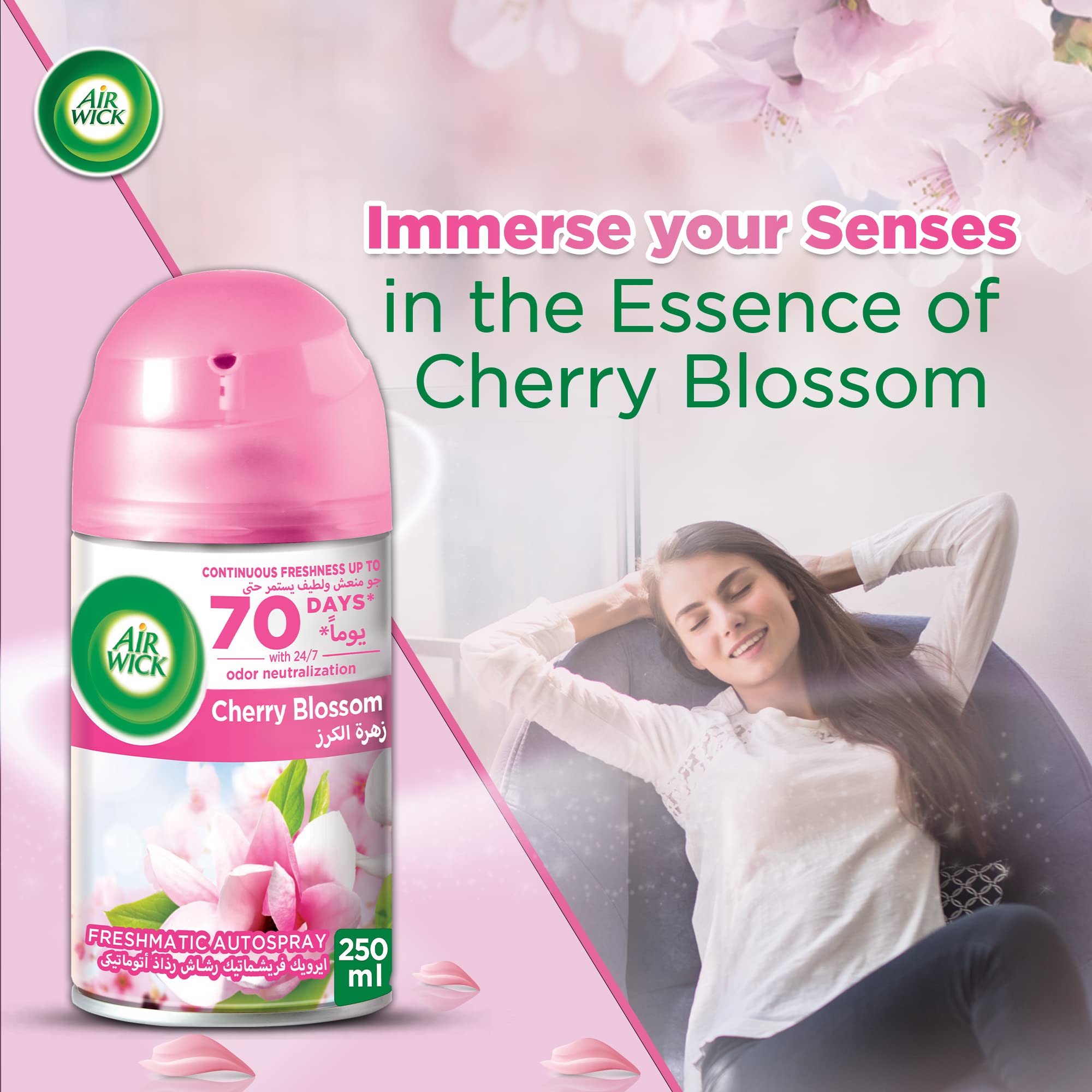Air Wick Freshmatic Autospray Refill, Cherry Blossom, Eliminates Bad Odour like Cat Litter Smell, 250 ml