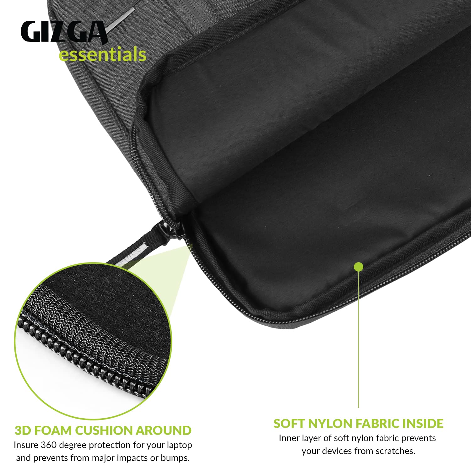 Gizga Essentials Laptop Bag Sleeve Case Cover Pouch for 15.6 Inch Laptop/MacBook, Side Handle, Multiple Pockets, Water Repellent, Shock Absorber, Grey