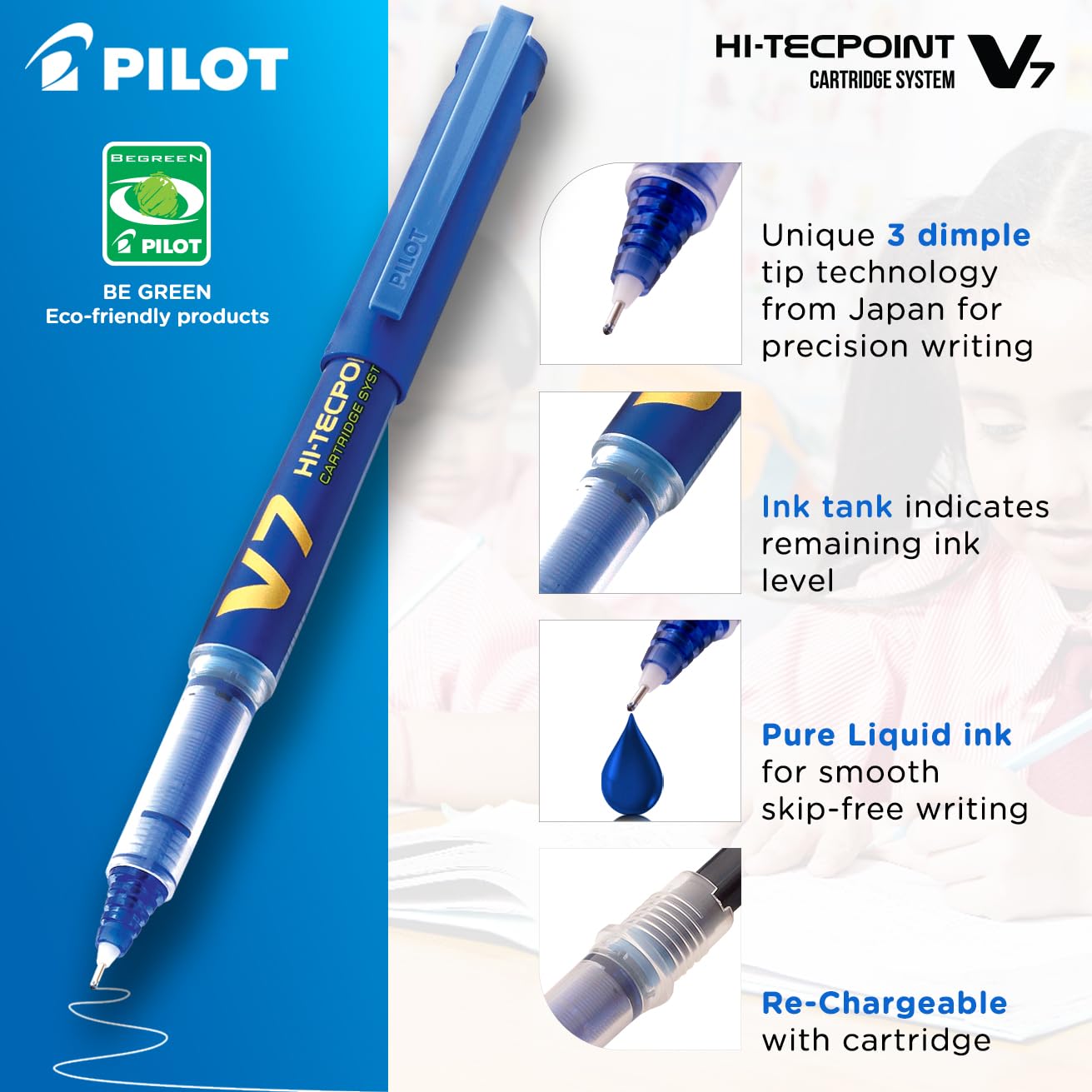 Pilot V7 Hi-tecpoint Pen with cartridge system - 1 Blue, 1 Black Pen, 2 Blue cartridges, 2 Black cartridges