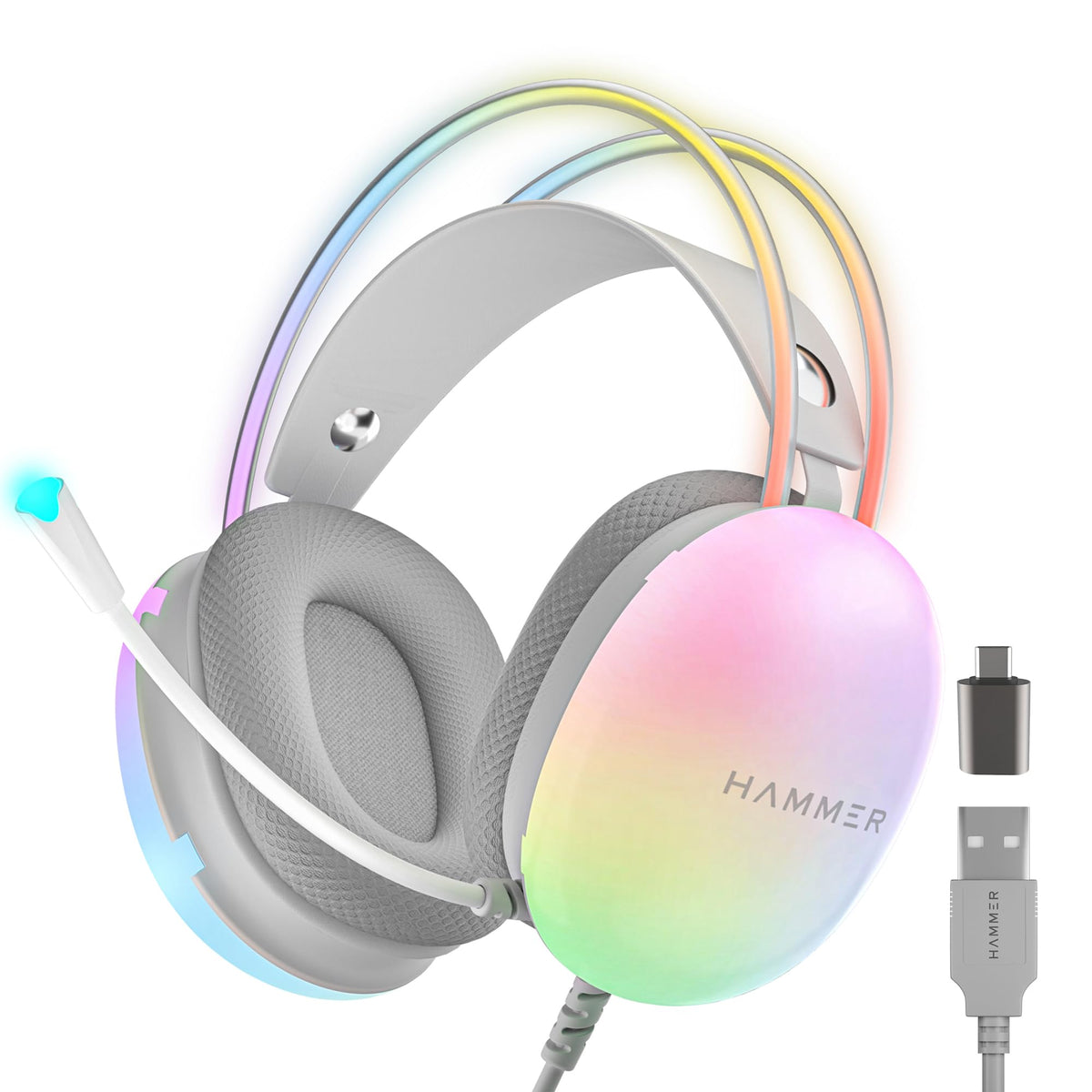HAMMER Blaze Wired Over Ear Gaming Headphones with Mic, 50mm Drivers, Full RGB Lights, Gaming Headset with Adjustable Bands, Breathable earcushion, 1.5Mtr Wire with USB (Cyan)