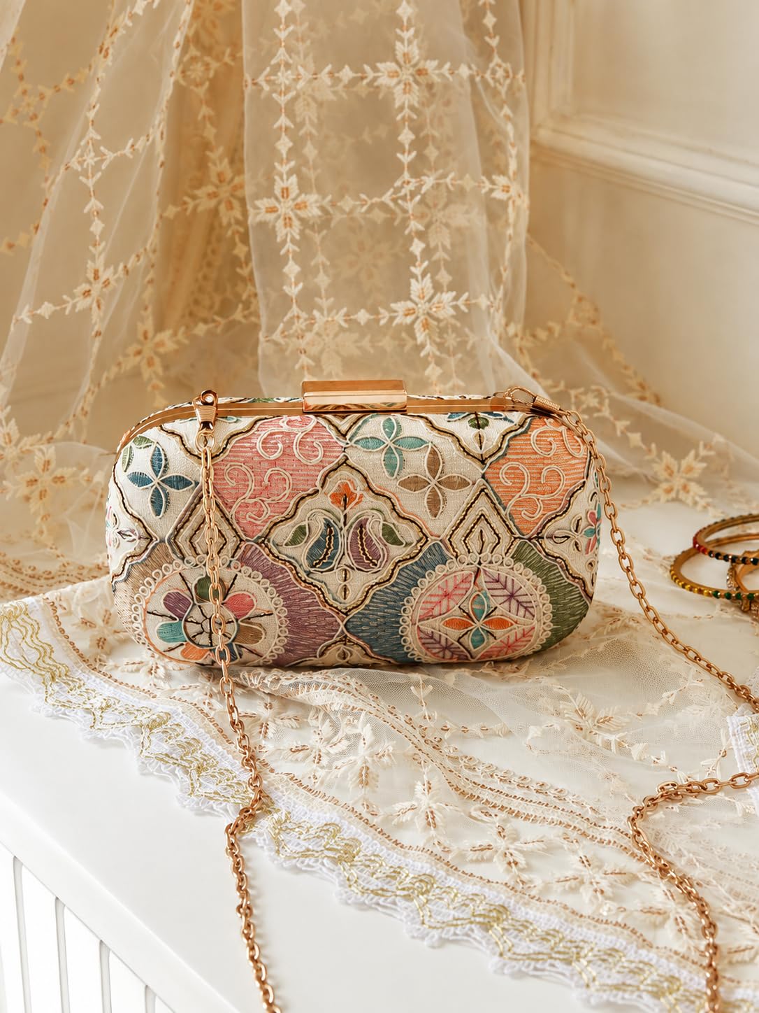 THE TAN CLAN Mughal Long Clutch for women Purses Luxury Evening Handbags for ladies with Detachable Handle