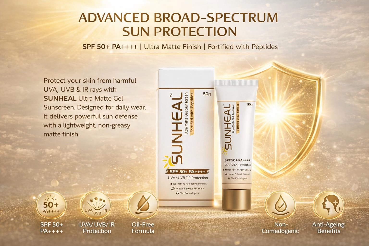 Sun-heal Ultra Matte Gel Sunscreen SPF 50+ PA++++ | UVA/UVB/IR Protection | Oil-Free & Non-Comedogenic | Water & Sweat Resistant | Anti-Ageing Peptide Formula | 50g | Glammy.lk