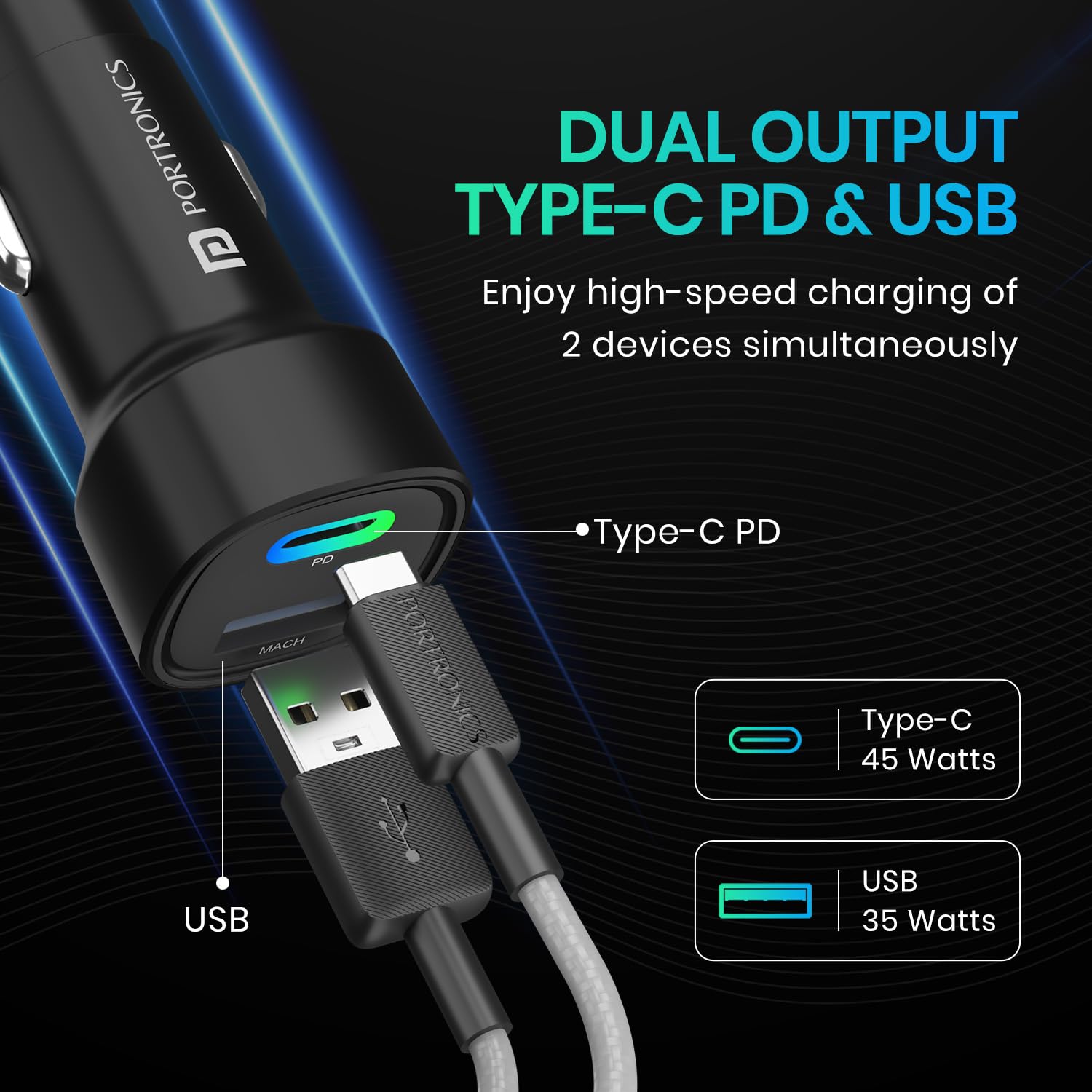 Portronics 80W Dual Output Fast Car Charger with Type-C PD & USB, LED Indicator, Charging Adapter Compatible with Cars for iPhone & Android Smartphone, Earbud, Power Bank (Black)
