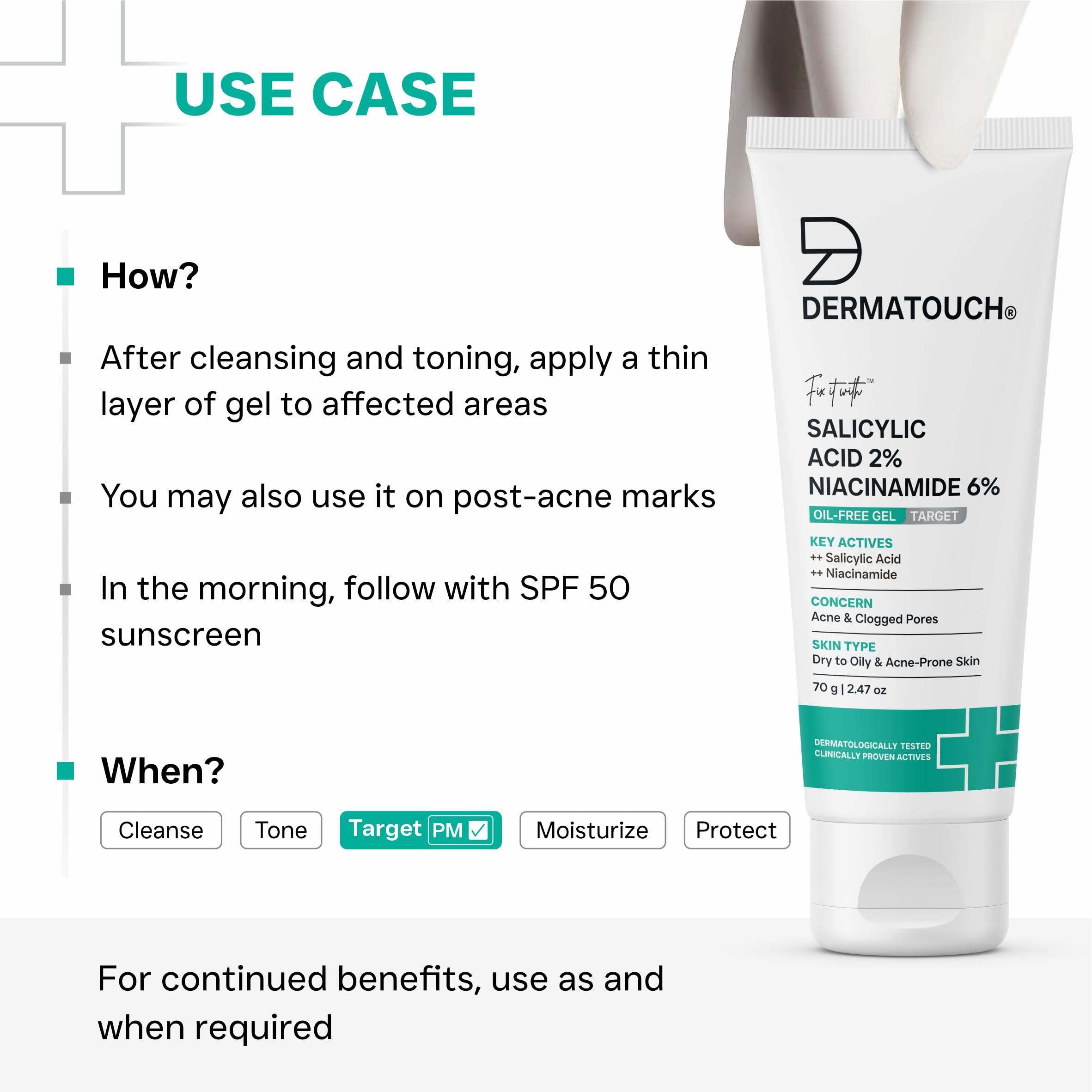 DERMATOUCH Salicylic Acid 2% Niacinamide 6% Anti-Acne Oil-Free Gel For Active Acne, Oil Balancing, Pore Tightening | 70g