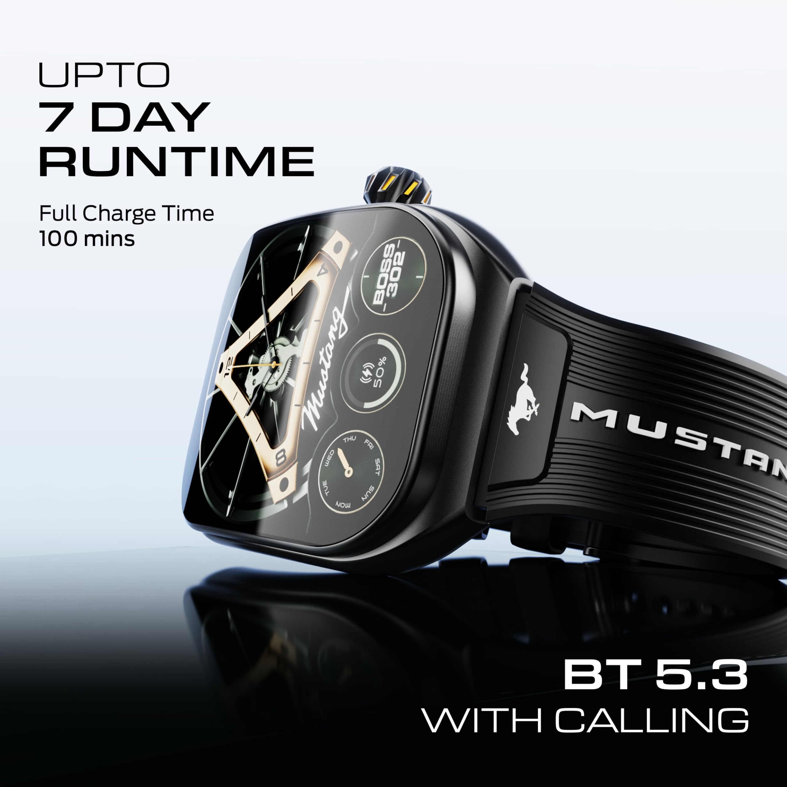 GOBOULT Mustang Muscle Smart Watch 2.01'' 3D Curved Display, Convertible Strap, Premium Metallic Crown, BT Calling, 600 Nits Brightness, AI Voice Assistant, IP68 (Extra Strap, Black Eclipse)