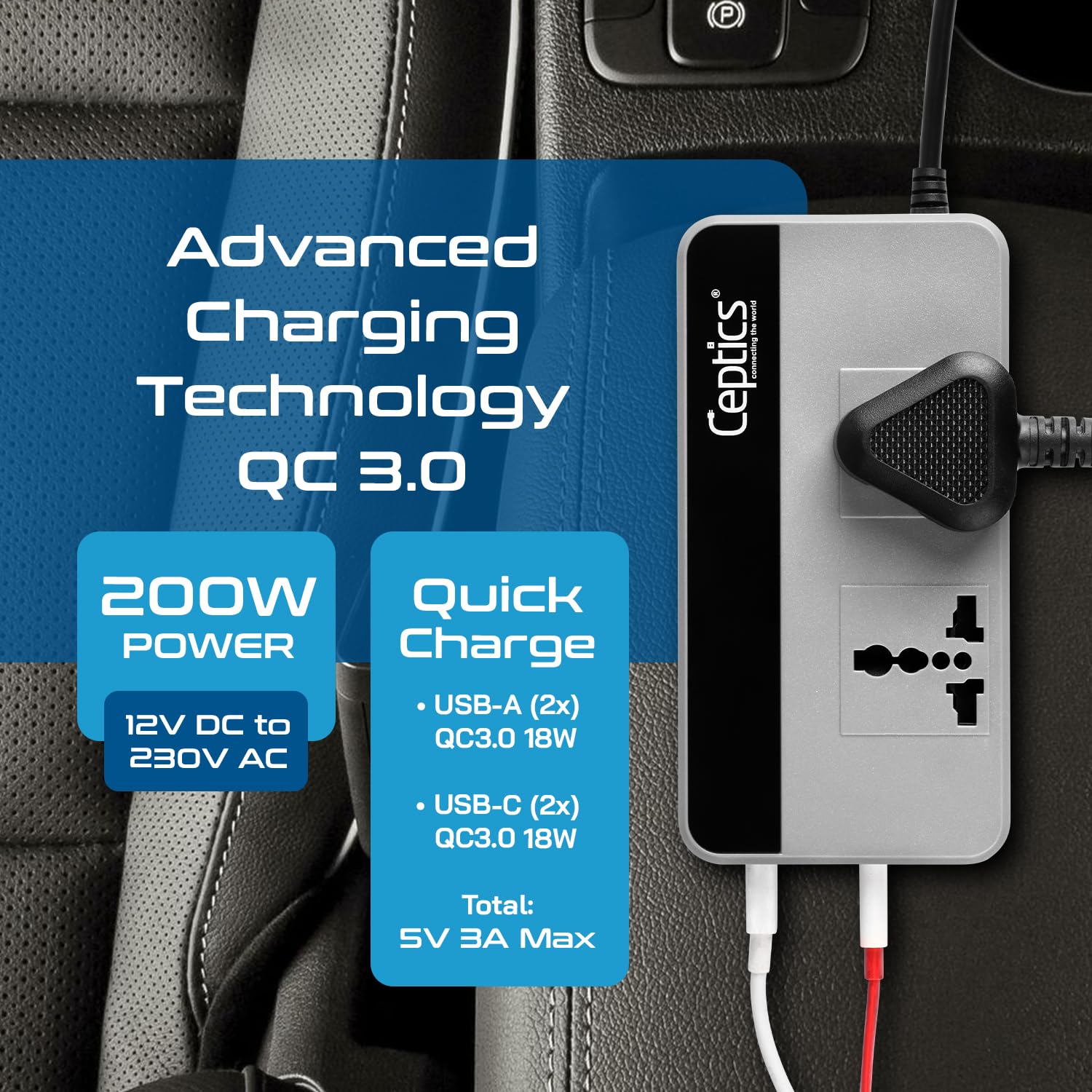 Ceptics 200W Car Laptop Charger/Power Inverter with 2 USB(3.1A Max) + 1 C Type(1 * 18W PD) Smart USB Charging Ports, 12V DC to 220V AC, 2X Universal AC Outlet, Grey