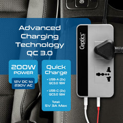 Ceptics 200W Car Laptop Charger/Power Inverter with 2 USB(3.1A Max) + 1 C Type(1 * 18W PD) Smart USB Charging Ports, 12V DC to 220V AC, 2X Universal AC Outlet, Grey